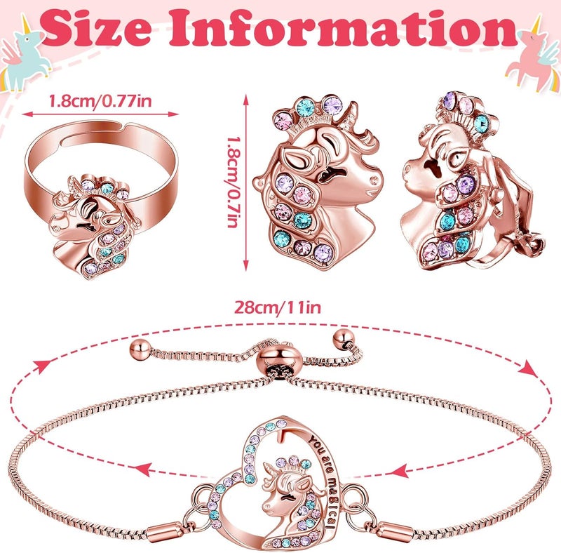 Herdear 4 Pcs Girl Unicorn Axolotl Jewelry Set Bracelet Ring Stud Earring Crystal Pendant Jewelry for Christmas Toddler Gifts - Image 4